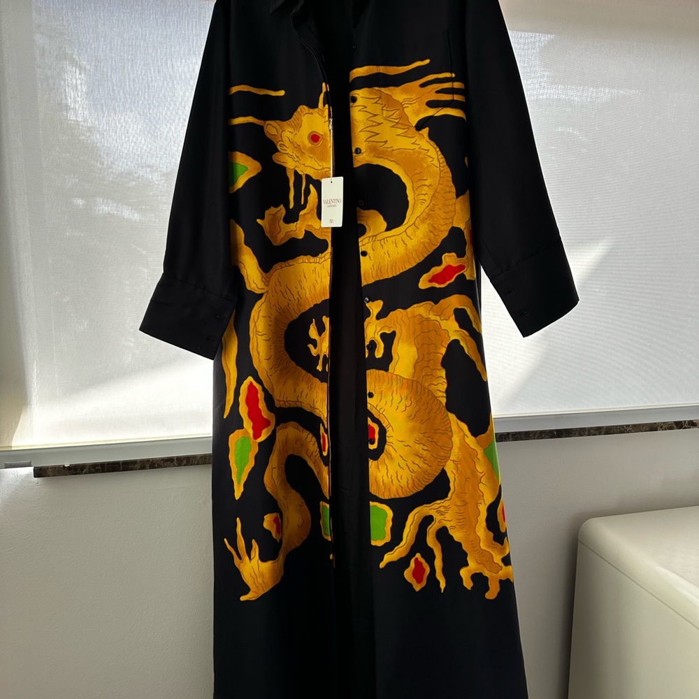 Valentino Black Long Coat with Gold Dragon Design